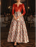 Gold Sequin 3/4 Sleeve Jacquard Scallop Pattern A-Line Evening Gown