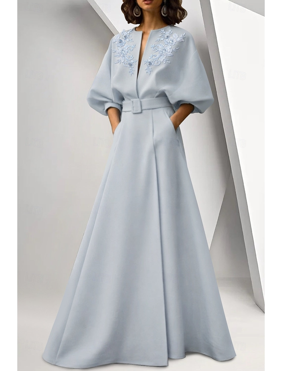 Half Sleeve Applique Belt Evening Gown Mother of the Bride Dress