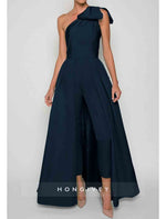 One Shoulder Bow Jumpsuit Detachable Evening Dress