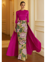 A-Line Floor Length 3/4 Sleeve Evening Gown Ball Gown with Overskirt Formal Dress Elegant Glittering Sparkle Half Sleeve Crew Neck Formal Wedding Satin Sequined with Slit Embroidery