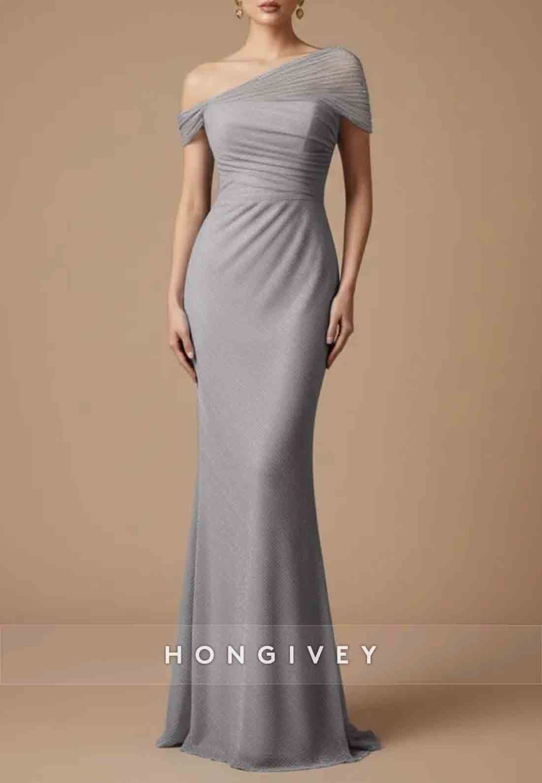 One Shoulder Evening Gowns Floor-Length Glitter Pleated Mermaid Maxi Dress