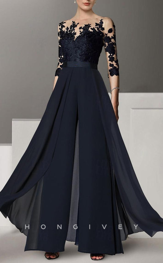 HM186 - Chic Round 3/4 Sleeves Appliques Jumpsuit Detachable Train Mother of the Bride Dress