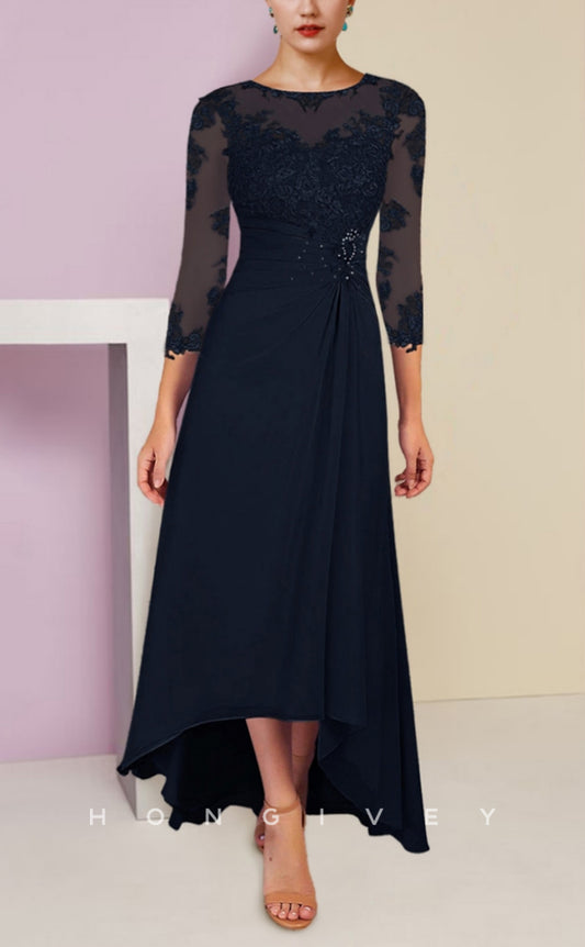 HM197 - A-Line Scoop 3/4 Sleeves Appliques Ruched Mother of the Bride Dress