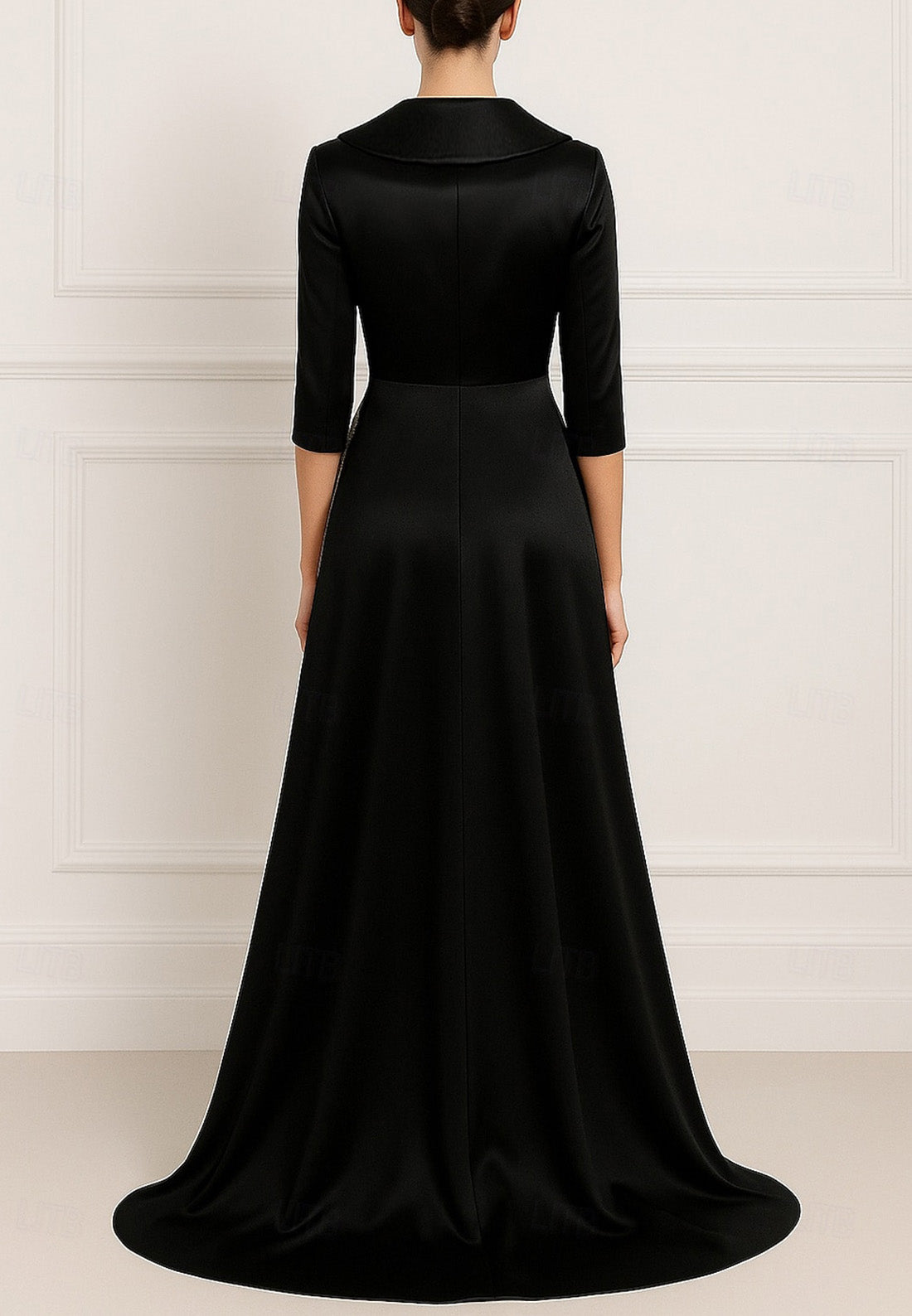 Black Tie Formal Wedding Half Sleeves Column Satin Evening Gown with Ruffles