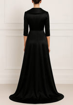 Black Tie Formal Wedding Half Sleeves Column Satin Evening Gown with Ruffles