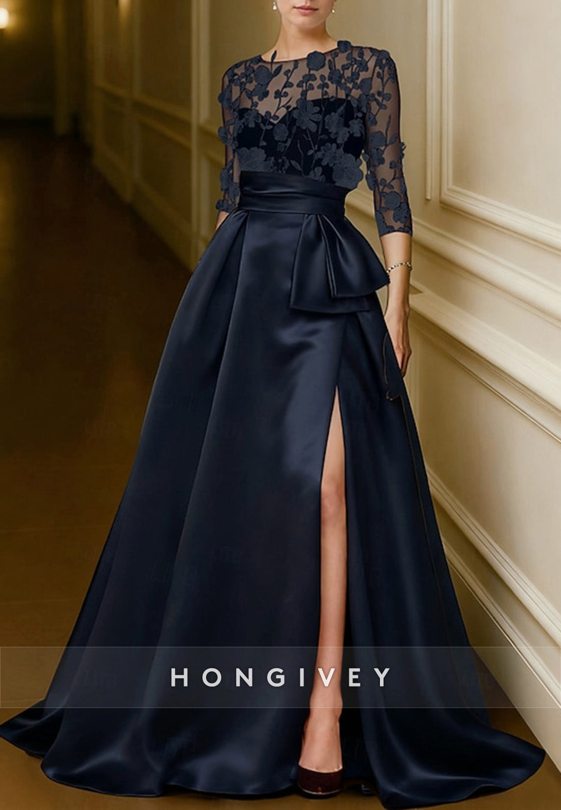 Red Black A-Line 3/4 Sleeve Evening Gown Princess Formal Dress with High Slit