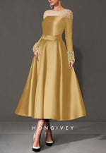 A-Line Cocktail Dresses Tea Length Long Sleeve Jewel Neck Satin with Pearls