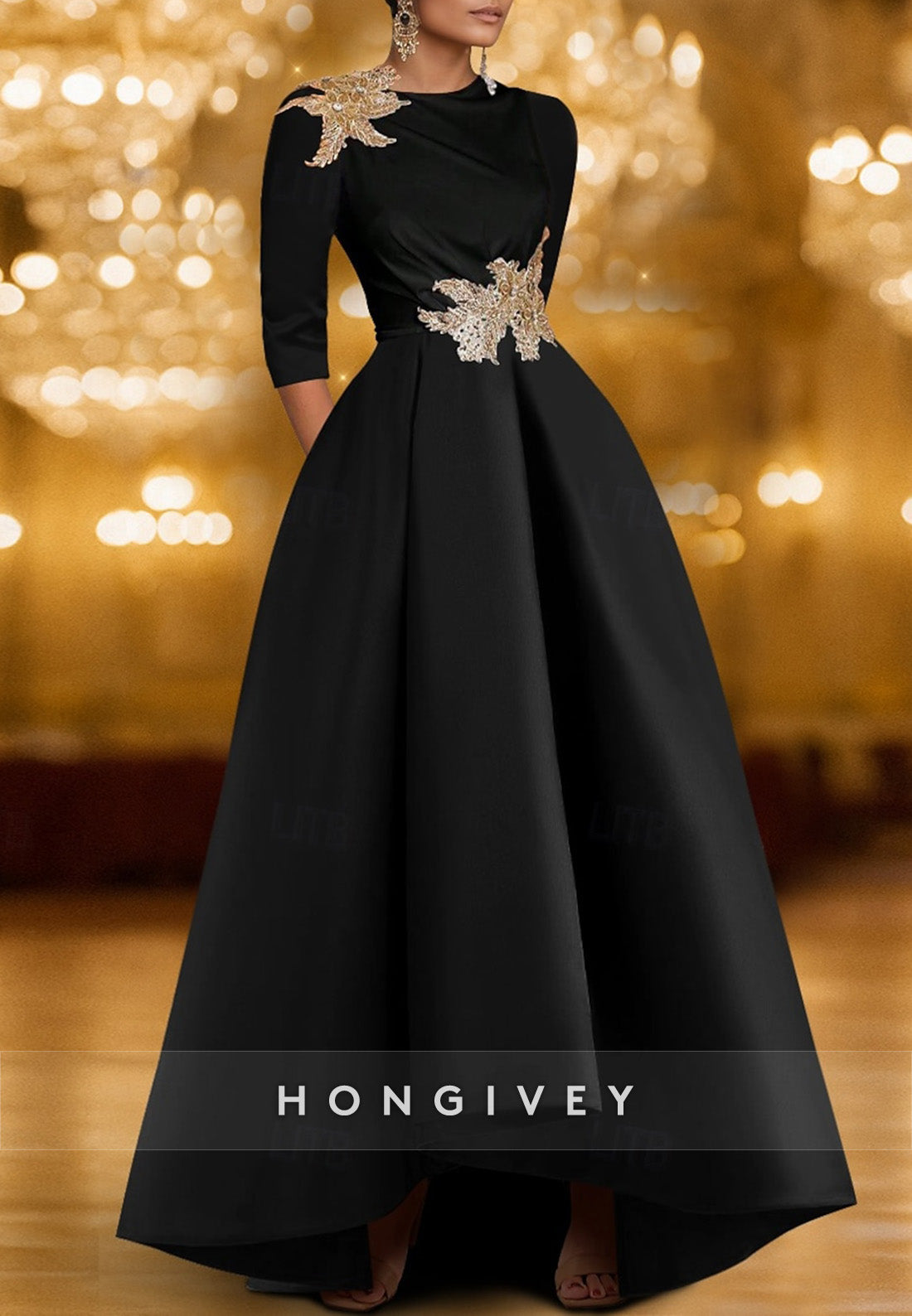 Black Tie A-Line Half Sleeves Formal Gowns Appliqued Scoop Evening Gown