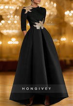 Black Tie A-Line Half Sleeves Formal Gowns Appliqued Scoop Evening Gown