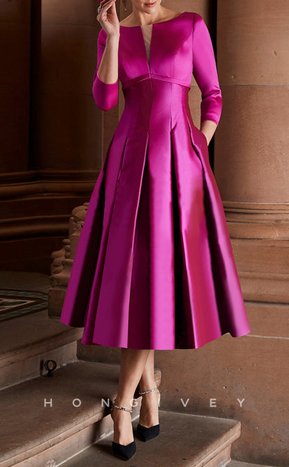 HM217 - Satin A-Line Scoop 3/4 Sleeves Tea-Length With Pockets Mother of the Bride Dress