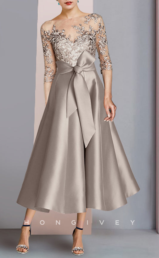 HM205 - Scoop A-Line Lace Applique Belt Mother of the Bride Dress