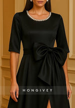 Pocket A-Line Evening Gown Formal Wedding Floor Length Half Sleeve Crew Neck Satin with Bow(s) Pearls