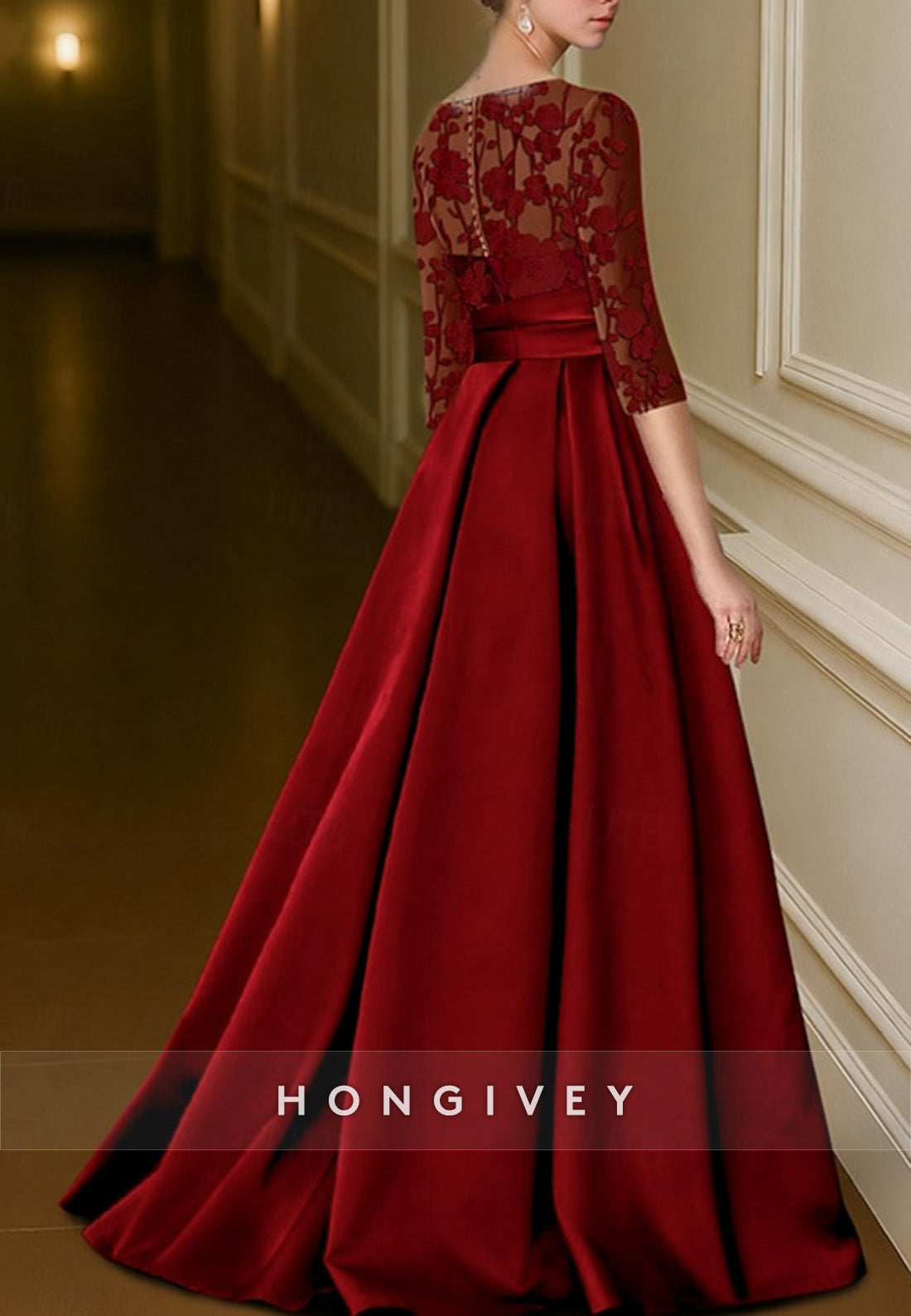 Red Black A-Line 3/4 Sleeve Evening Gown Princess Formal Dress with High Slit
