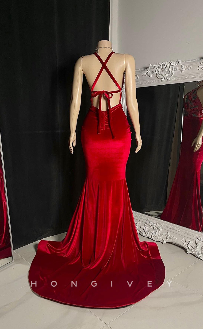 L2925 - Sexy V-Neck Lace-Up With Side Slit Party Prom Evening Dress For Black Women