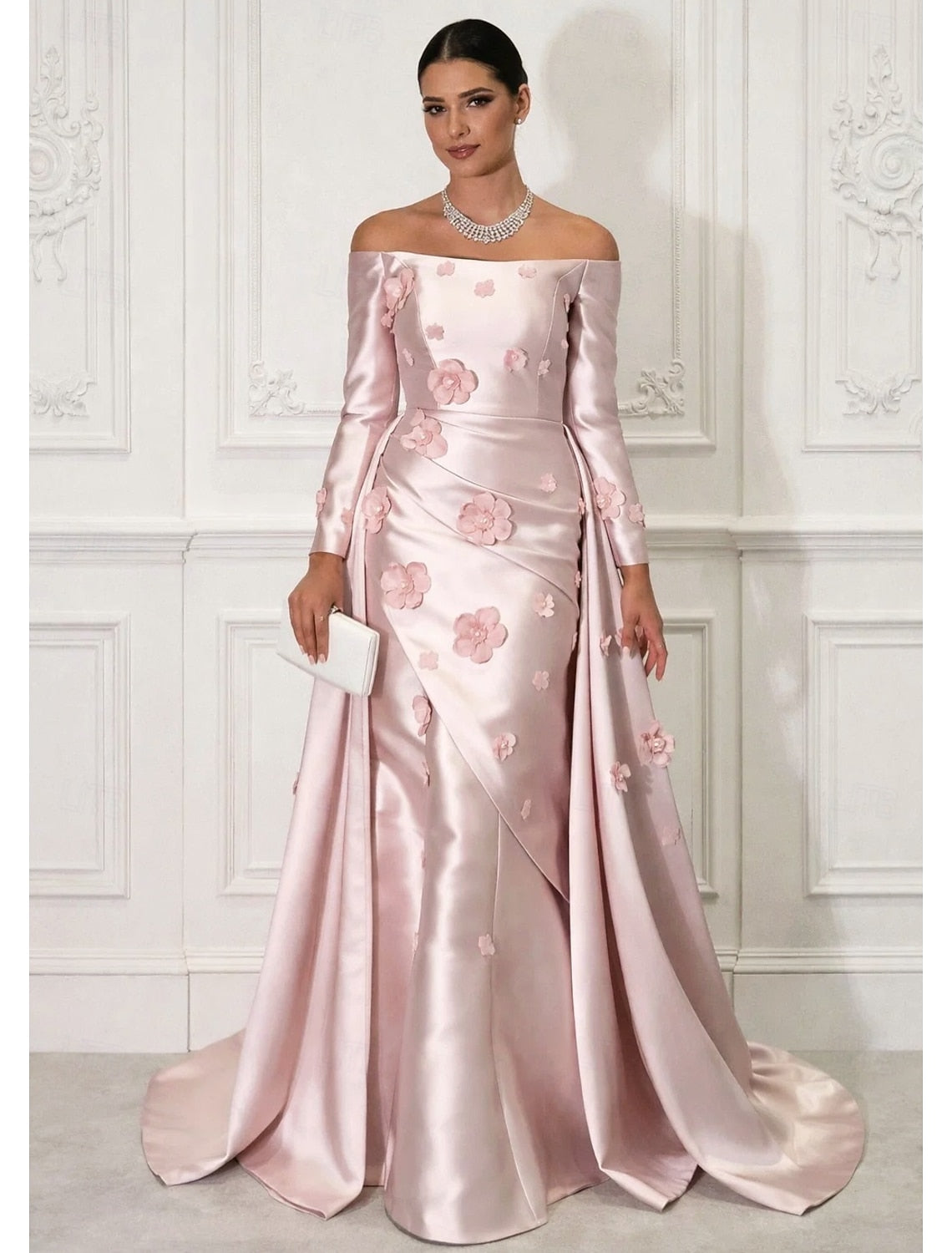 Off the Shoulder Long Sleeve Flowers Mermaid Court Train Evening Dress