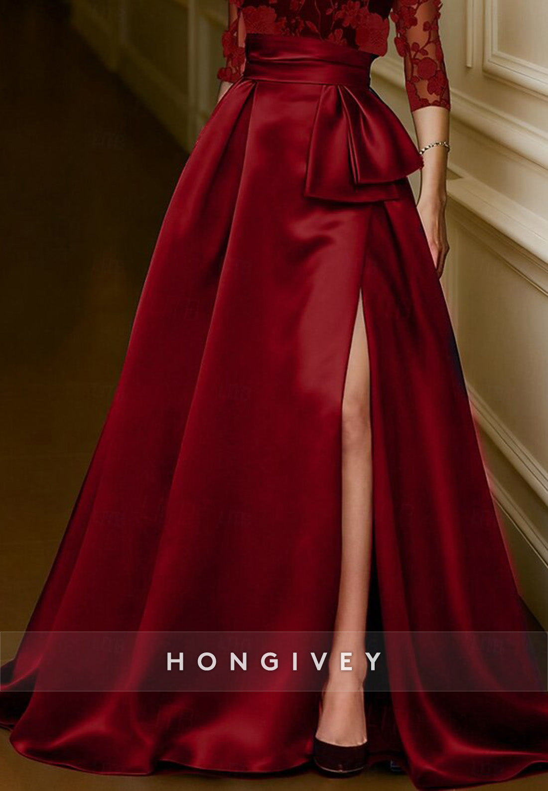 Red Black A-Line 3/4 Sleeve Evening Gown Princess Formal Dress with High Slit