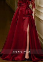 Red Black A-Line 3/4 Sleeve Evening Gown Princess Formal Dress with High Slit