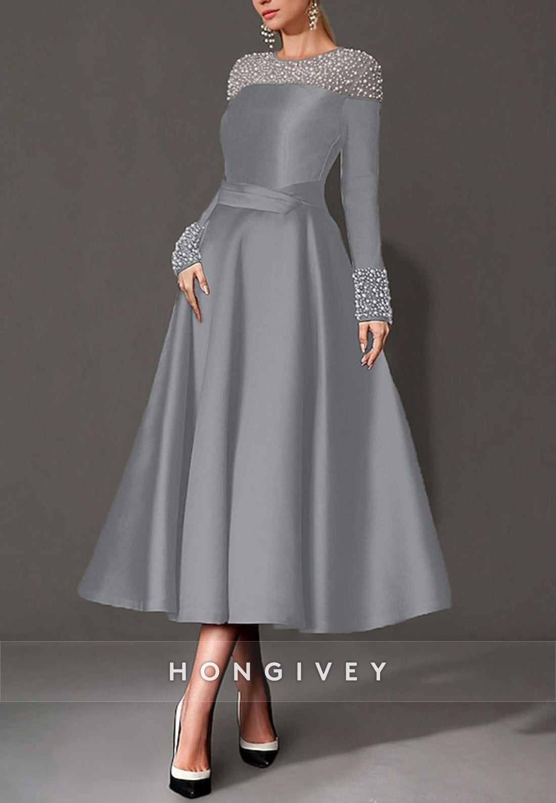 A-Line Cocktail Dresses Tea Length Long Sleeve Jewel Neck Satin with Pearls