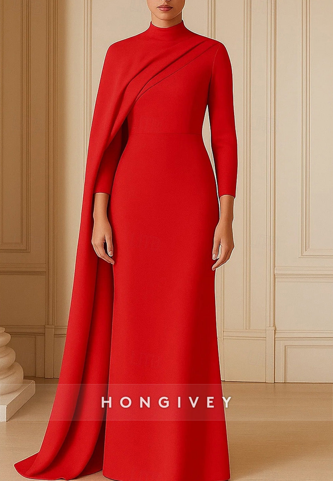 Column Evening Gown Detachable Cape Sweep Train 3/4 Sleeve High Neck Stretch Crepe Formal Wedding Dress