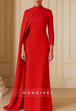 Column Evening Gown Detachable Cape Sweep Train 3/4 Sleeve High Neck Stretch Crepe Formal Wedding Dress