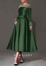 A-Line Cocktail Dresses Tea Length Long Sleeve Jewel Neck Satin with Pearls
