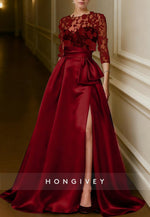 Red Black A-Line 3/4 Sleeve Evening Gown Princess Formal Dress with High Slit