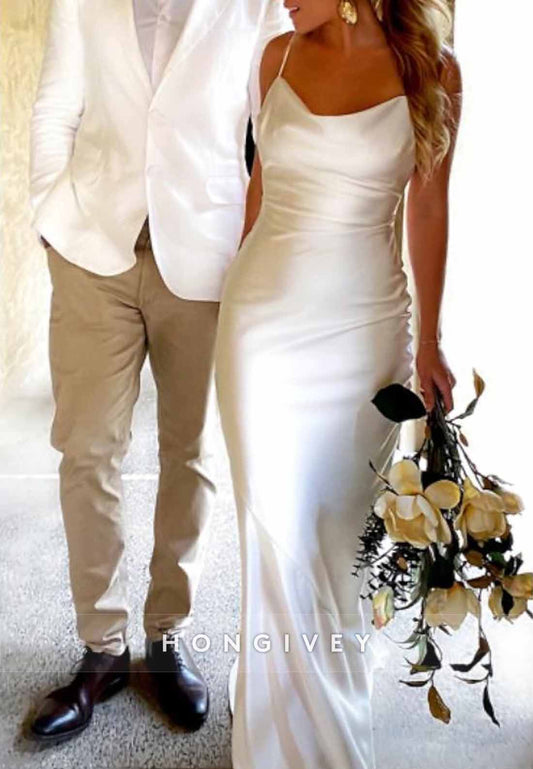 Spaghetti Straps Sheath Sweep Train Cowl Neck Pleated Beach Wedding Dresses