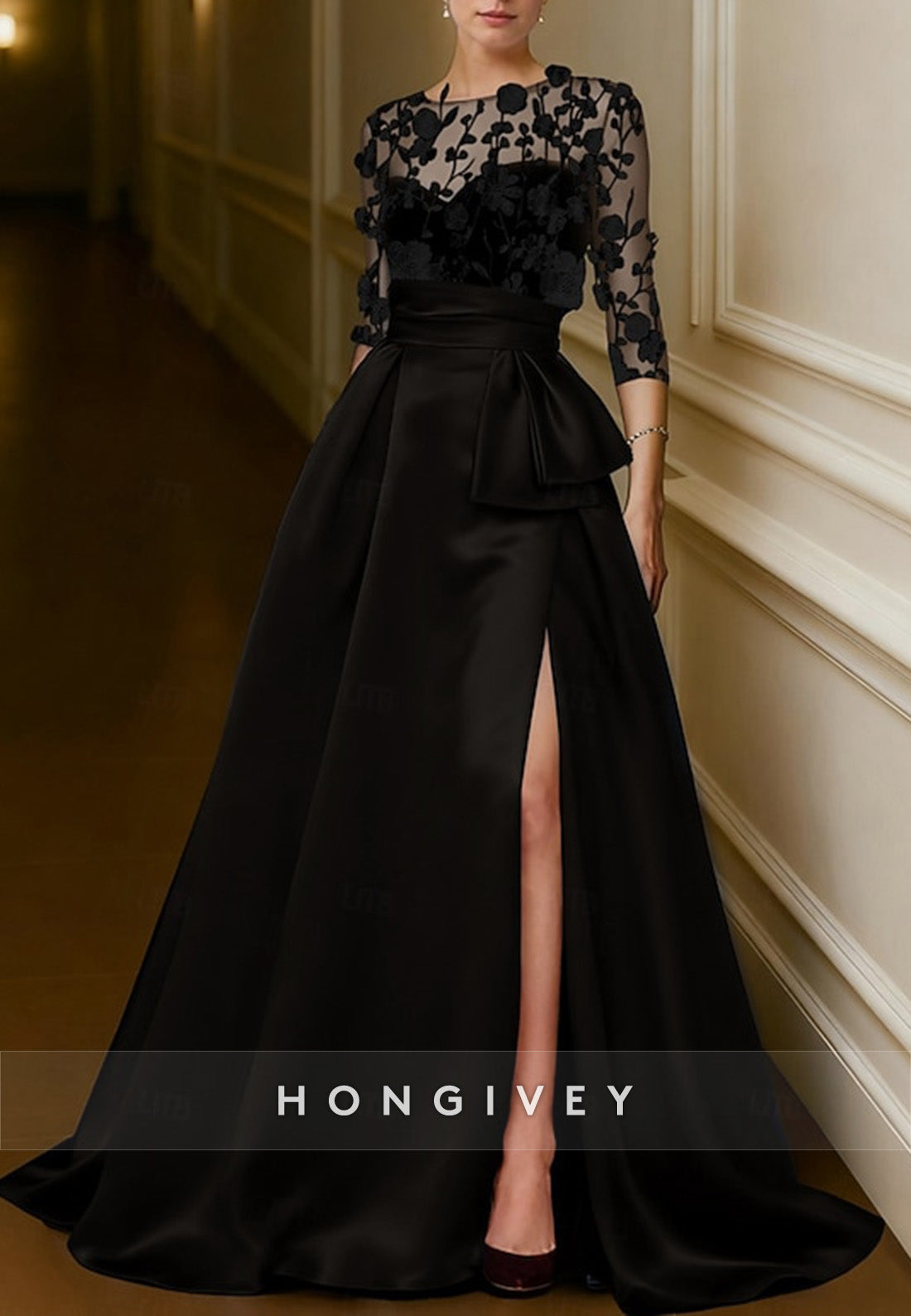 Red Black A-Line 3/4 Sleeve Evening Gown Princess Formal Dress with High Slit