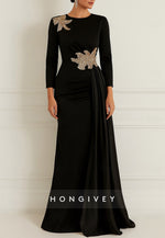 Black Tie Trumpet Formal Dresses Scoop Side Draping Long Sleeves Evening Gown