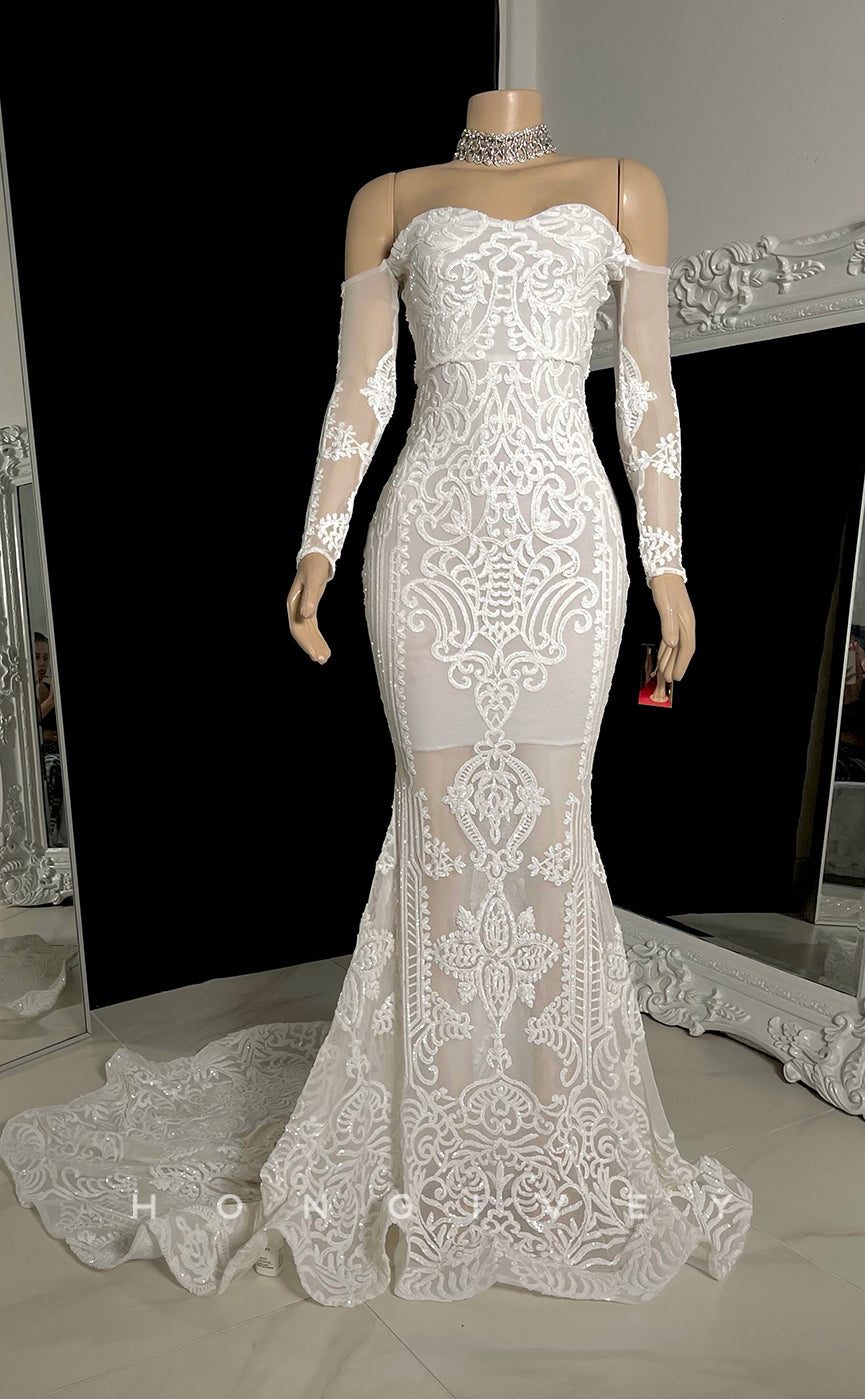 L2893 - Trumpet Off-Shoulder Long Sleeve Appliques Party Prom Evening Dress For Black Women