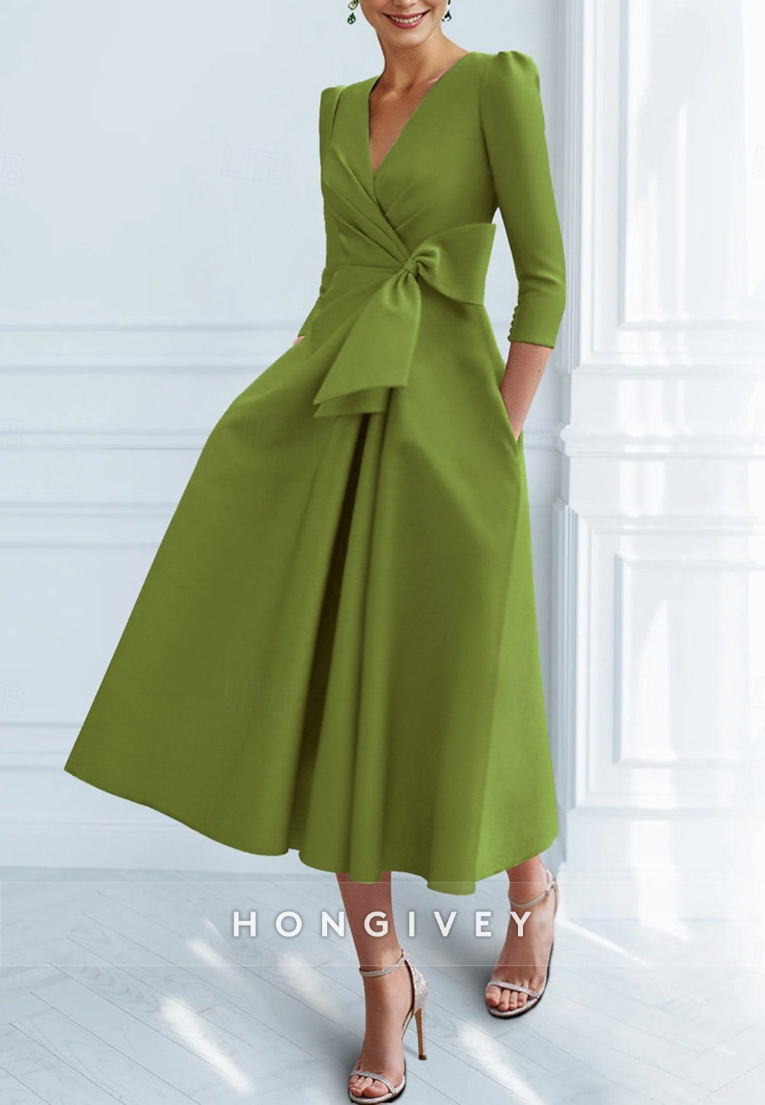 V Neck Tea-Length 3/4 Sleeve A-Line Ruched Cocktail Dresses with Bow(s)