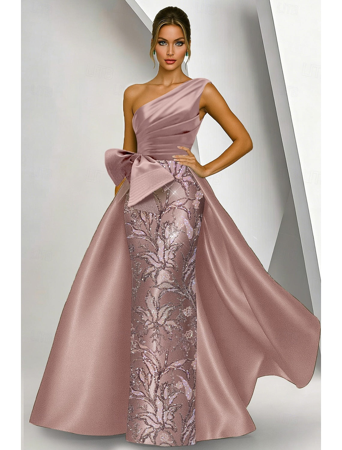 One Shoulder Sleeveless Bow Sequins Sparkle Mermaid Court Train Evening Dress