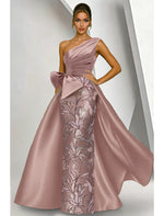 One Shoulder Sleeveless Bow Sequins Sparkle Mermaid Court Train Evening Dress