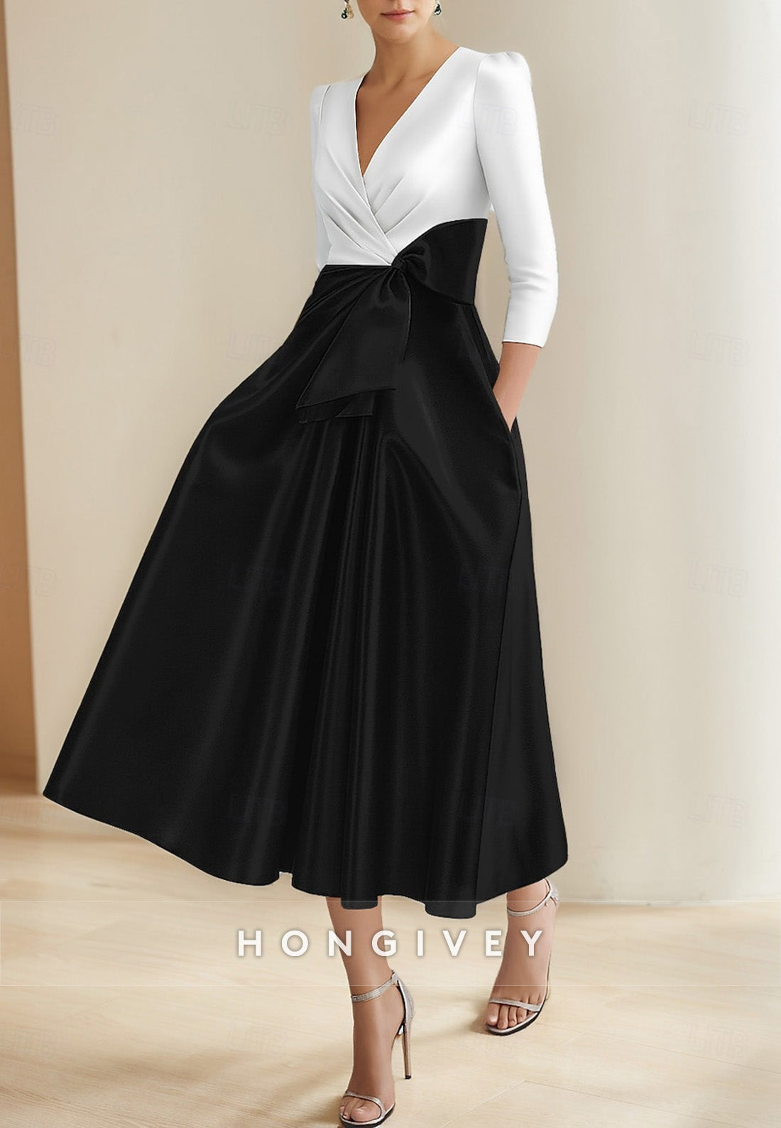 3/4 Sleeve A-Line Cocktail Dresses Formal Wedding Tea Length V Neck Satin with Pocket and Bow