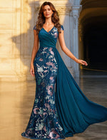 V-Neck Mermaid Applique Half Sleeve Floor-Length Evening Dress