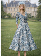 Floral Print Flowers V-Neck Long Sleeve A-Line Tea-Length Evening Dress