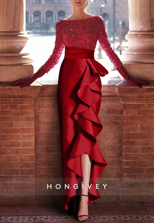 Sequined Foraml Wedding Sheath Bateau Neck Long Sleeves Evening Gowns with Ruffles