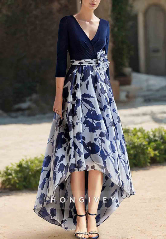 A-line V Neck Pleated Asymmetrical Flower Floral Print 3/4 Sleeve Mother of the Bride