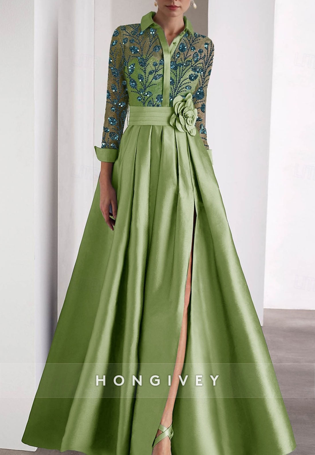 Pleated Long Sleeve Satin Waistband Flower Illusion Neck Beading Evening Gown