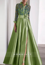 Pleated Long Sleeve Satin Waistband Flower Illusion Neck Beading Evening Gown
