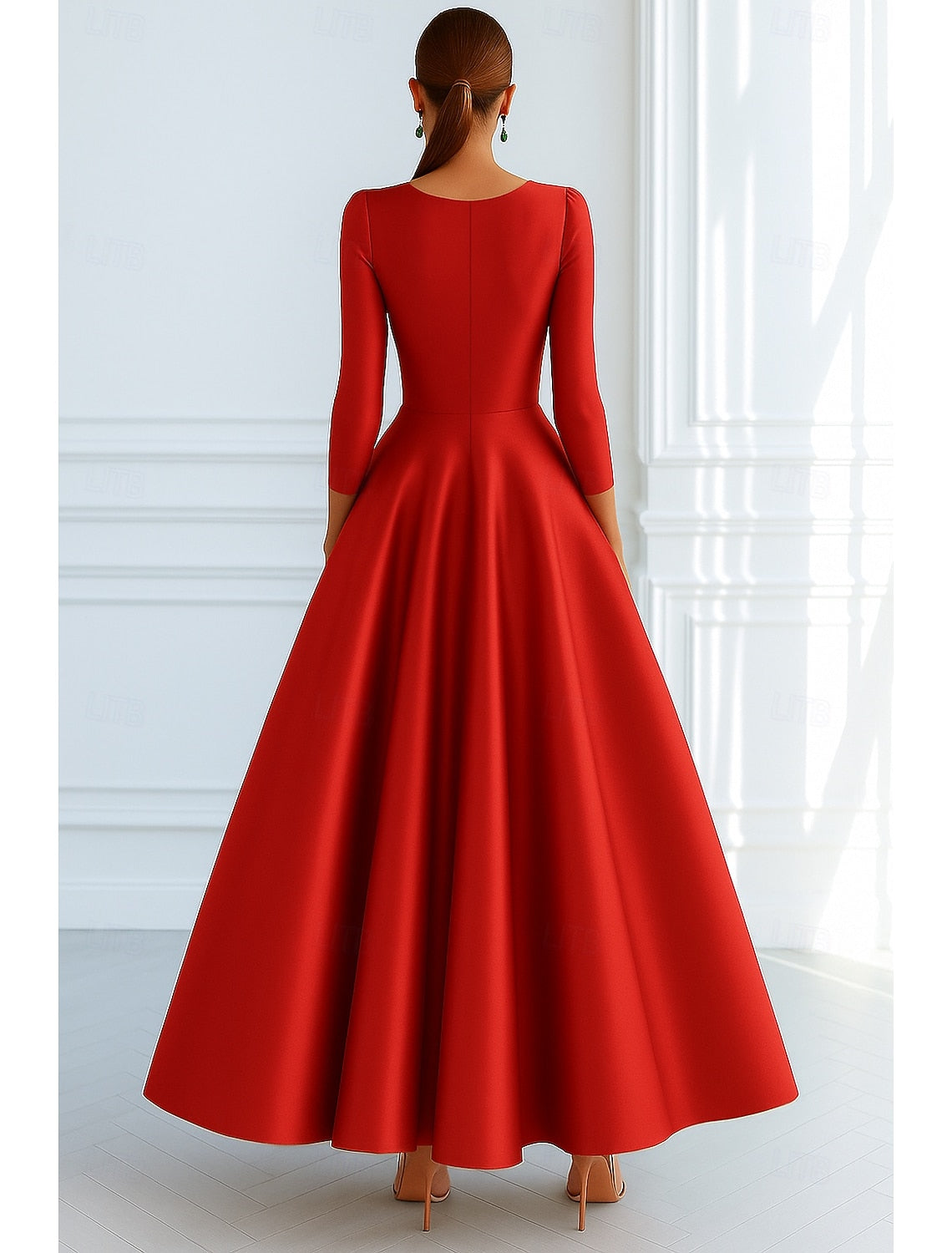 V-Neck A-Line Long Sleeve Ankle-Length Evening Dress