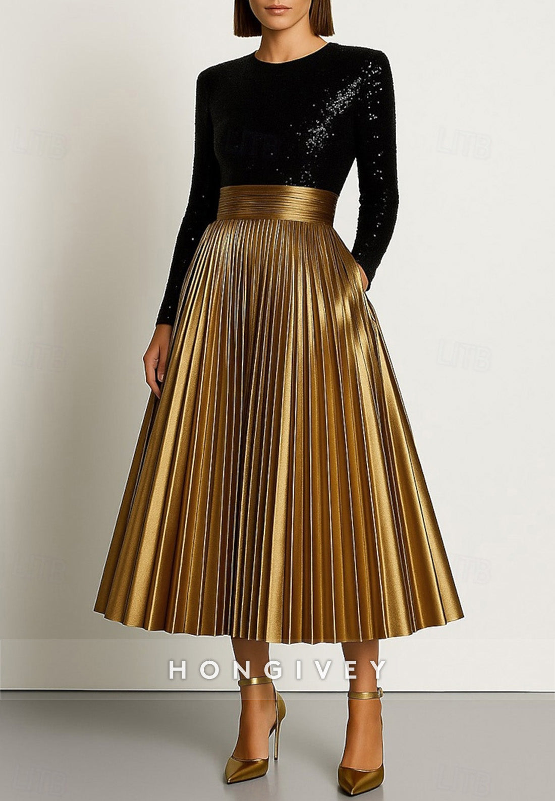 Black and Gold Long Sleeves A-Line Cocktail Dresses with Metallic Golden and Pockets