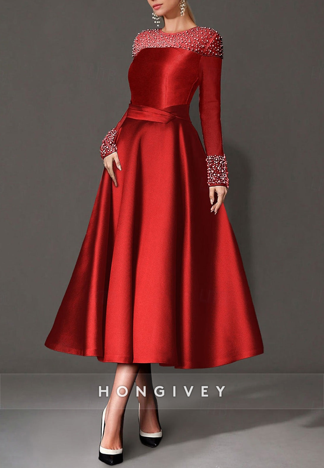 A-Line Cocktail Dresses Tea Length Long Sleeve Jewel Neck Satin with Pearls