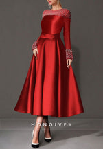 A-Line Cocktail Dresses Tea Length Long Sleeve Jewel Neck Satin with Pearls
