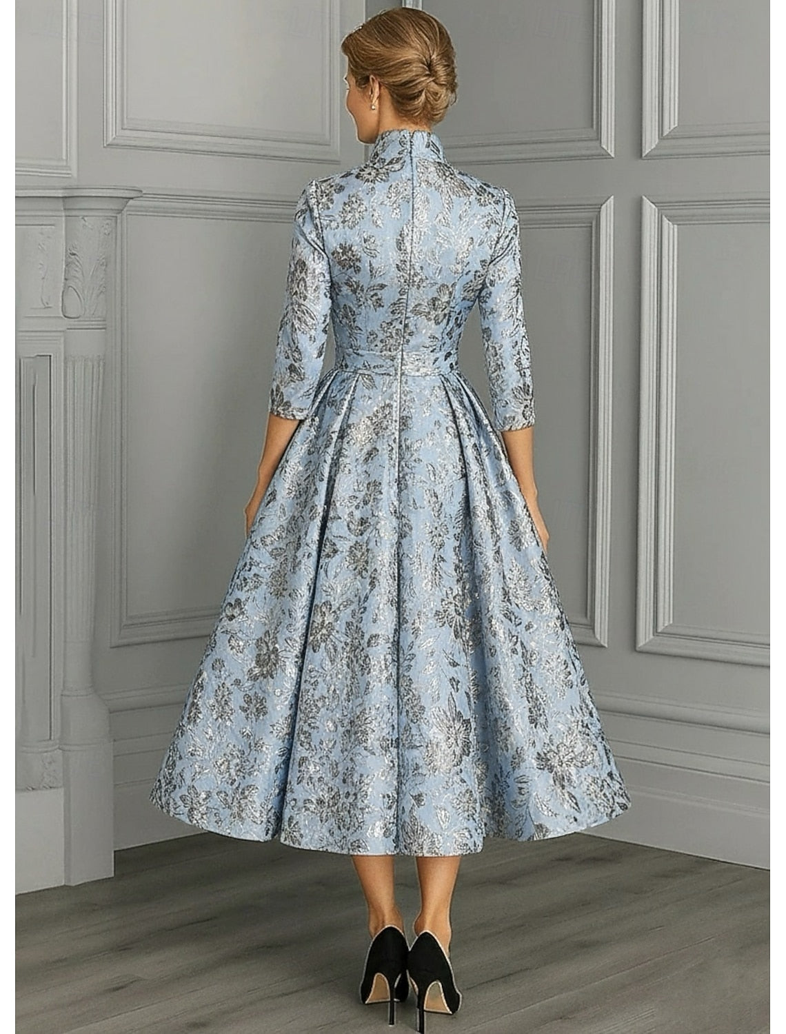 Flowers Floral Print Long Sleeve A-Line Evening Dress Ankle-Length