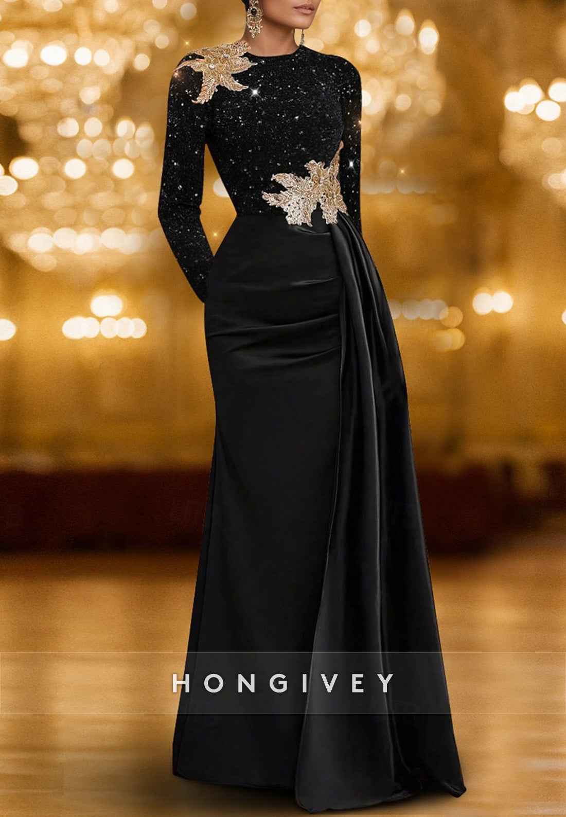 A-Line Evening Gown Long Sleeve Crew Neck Satin Glitter Mother Of the Bride Dress