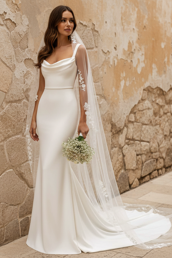 Cowl Neck Chapel Train Satin Regular Straps Low Back Mermaid Wedding Dresses