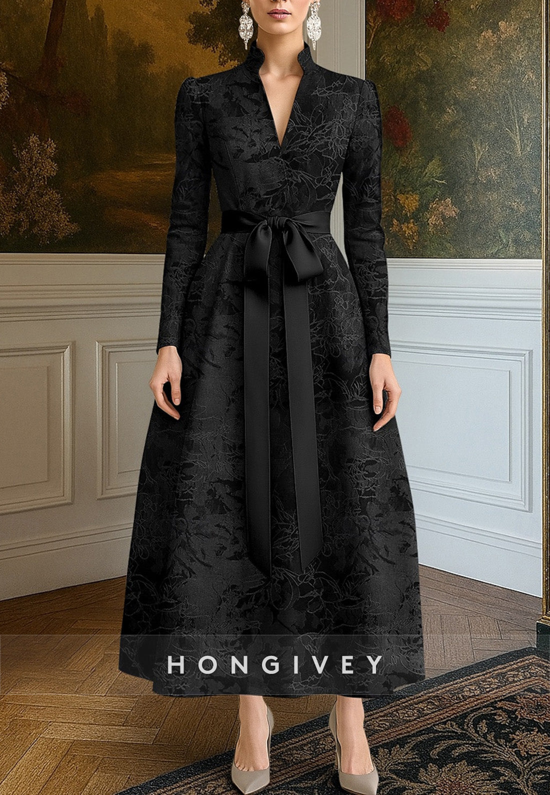 A-Line Evening Gown Long Sleeve V Neck Ankle-Length with Bowknot Mother of the Bride Dress