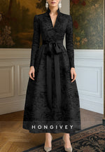 A-Line Evening Gown Long Sleeve V Neck Ankle-Length with Bowknot Mother of the Bride Dress