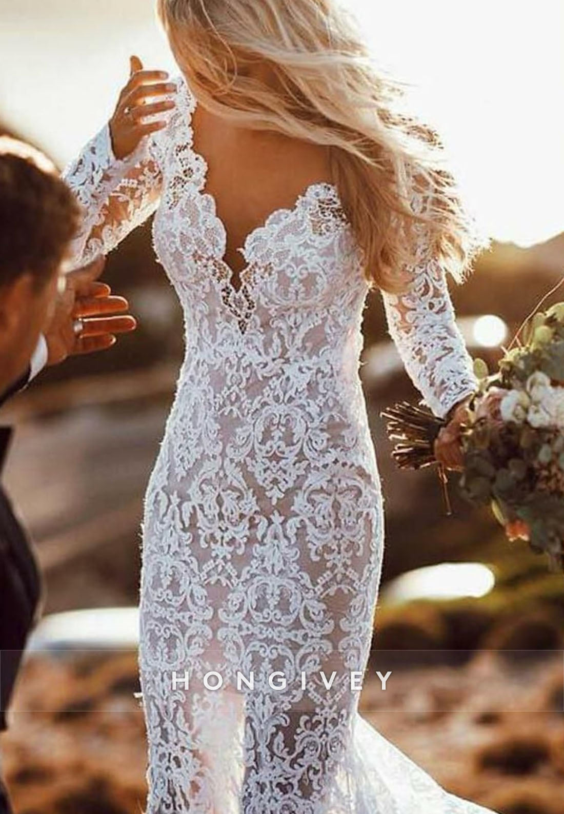 Boho Long Sleeves Court Train Lace Low Back Mermaid Wedding Dresses